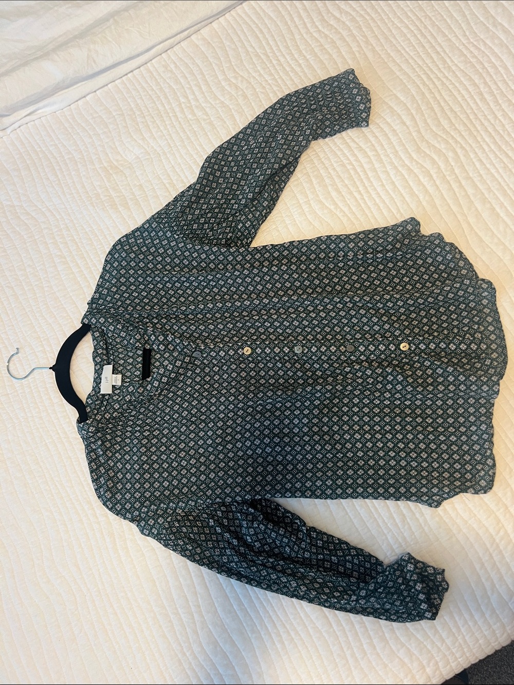 J. Jill Dark Teal and White Geometric Button-Front Blouse